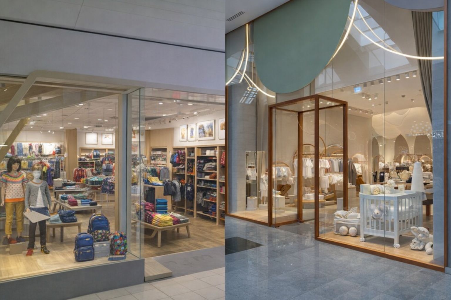 Vitrines de magasins de vêtements pour enfants avec mannequins et articles de mode.